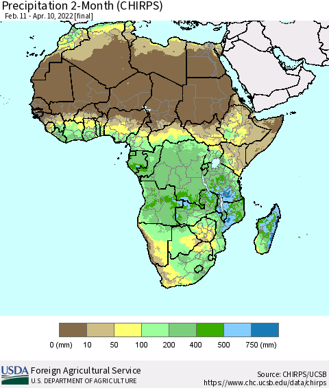 Africa Precipitation 2-Month (CHIRPS) Thematic Map For 2/11/2022 - 4/10/2022