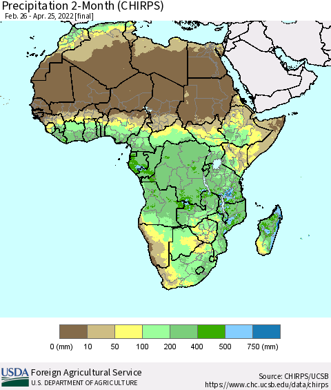 Africa Precipitation 2-Month (CHIRPS) Thematic Map For 2/26/2022 - 4/25/2022