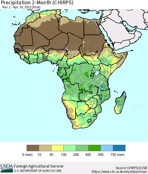 Africa Precipitation 2-Month (CHIRPS) Thematic Map For 3/1/2022 - 4/30/2022