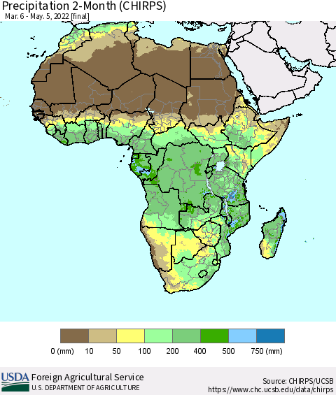 Africa Precipitation 2-Month (CHIRPS) Thematic Map For 3/6/2022 - 5/5/2022