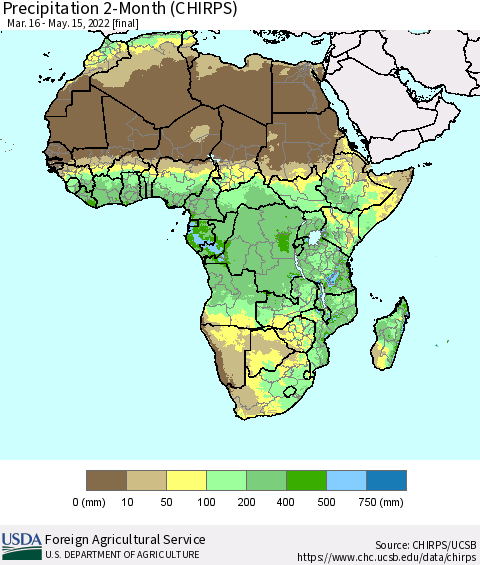 Africa Precipitation 2-Month (CHIRPS) Thematic Map For 3/16/2022 - 5/15/2022