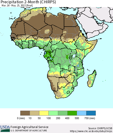 Africa Precipitation 2-Month (CHIRPS) Thematic Map For 3/26/2022 - 5/25/2022
