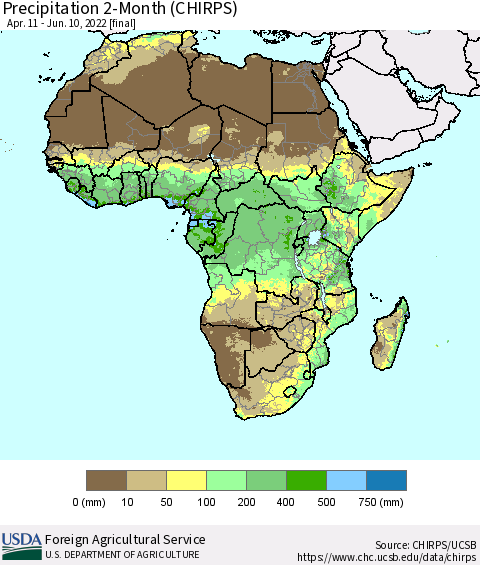 Africa Precipitation 2-Month (CHIRPS) Thematic Map For 4/11/2022 - 6/10/2022