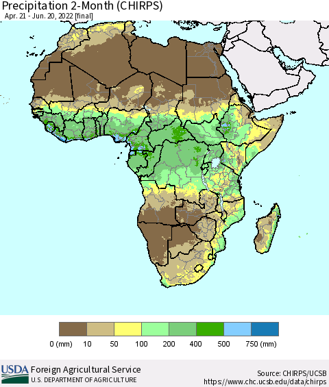 Africa Precipitation 2-Month (CHIRPS) Thematic Map For 4/21/2022 - 6/20/2022