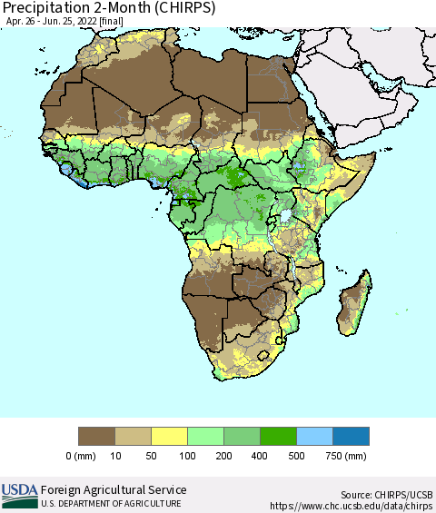 Africa Precipitation 2-Month (CHIRPS) Thematic Map For 4/26/2022 - 6/25/2022