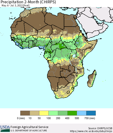 Africa Precipitation 2-Month (CHIRPS) Thematic Map For 5/6/2022 - 7/5/2022
