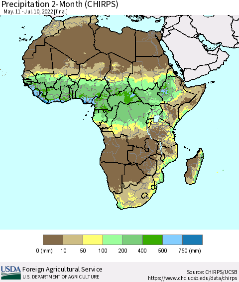Africa Precipitation 2-Month (CHIRPS) Thematic Map For 5/11/2022 - 7/10/2022
