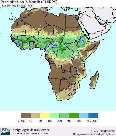 Africa Precipitation 2-Month (CHIRPS) Thematic Map For 6/16/2022 - 8/15/2022