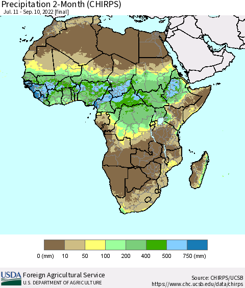 Africa Precipitation 2-Month (CHIRPS) Thematic Map For 7/11/2022 - 9/10/2022