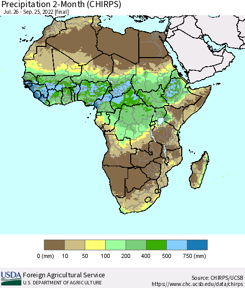Africa Precipitation 2-Month (CHIRPS) Thematic Map For 7/26/2022 - 9/25/2022