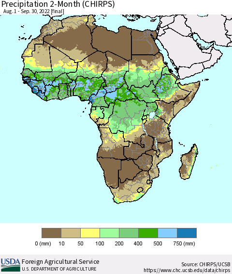 Africa Precipitation 2-Month (CHIRPS) Thematic Map For 8/1/2022 - 9/30/2022