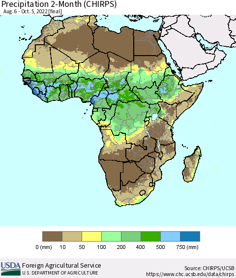 Africa Precipitation 2-Month (CHIRPS) Thematic Map For 8/6/2022 - 10/5/2022