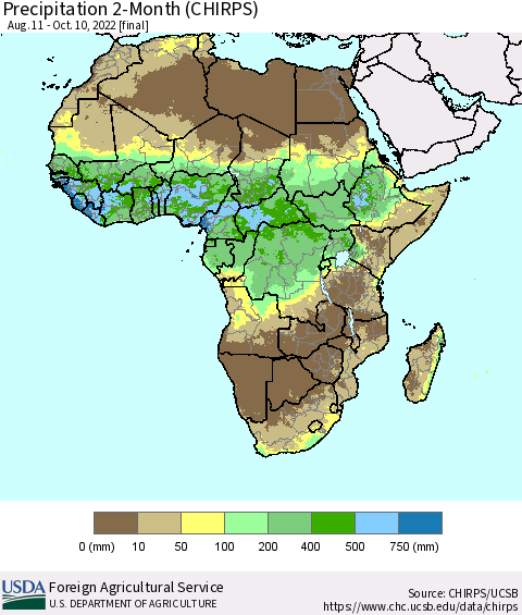 Africa Precipitation 2-Month (CHIRPS) Thematic Map For 8/11/2022 - 10/10/2022