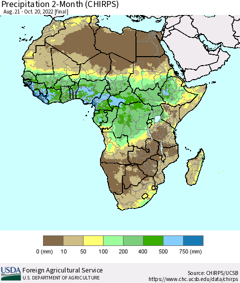 Africa Precipitation 2-Month (CHIRPS) Thematic Map For 8/21/2022 - 10/20/2022