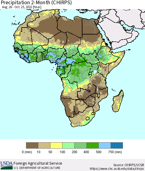 Africa Precipitation 2-Month (CHIRPS) Thematic Map For 8/26/2022 - 10/25/2022