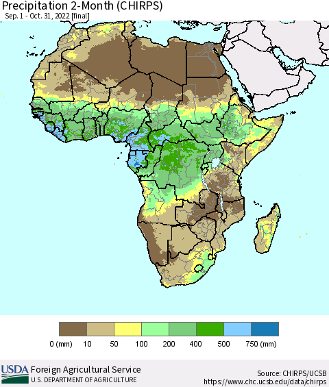 Africa Precipitation 2-Month (CHIRPS) Thematic Map For 9/1/2022 - 10/31/2022