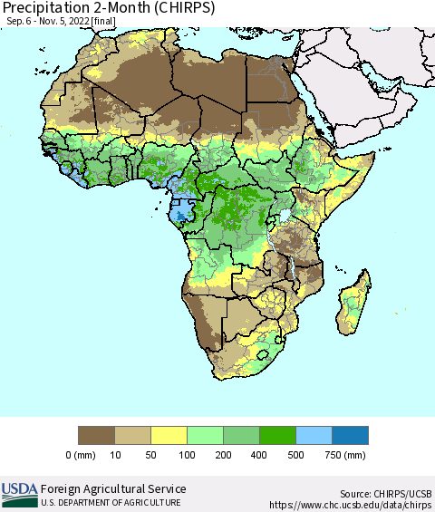 Africa Precipitation 2-Month (CHIRPS) Thematic Map For 9/6/2022 - 11/5/2022