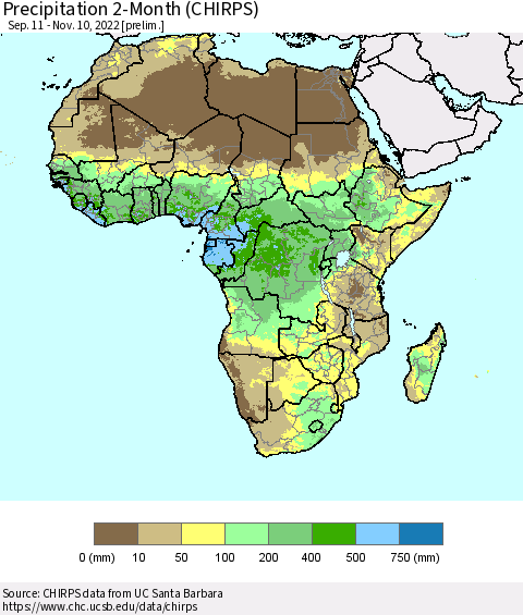 Africa Precipitation 2-Month (CHIRPS) Thematic Map For 9/11/2022 - 11/10/2022