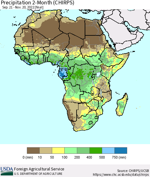 Africa Precipitation 2-Month (CHIRPS) Thematic Map For 9/21/2022 - 11/20/2022