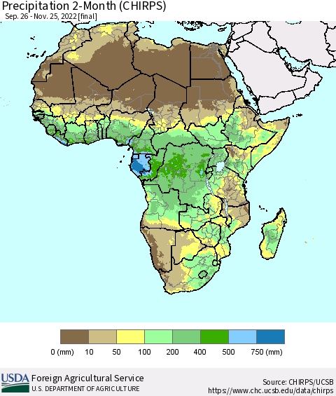 Africa Precipitation 2-Month (CHIRPS) Thematic Map For 9/26/2022 - 11/25/2022