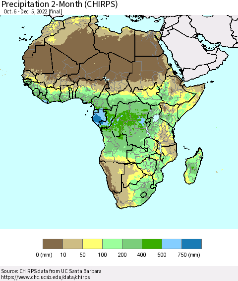 Africa Precipitation 2-Month (CHIRPS) Thematic Map For 10/6/2022 - 12/5/2022