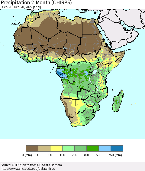 Africa Precipitation 2-Month (CHIRPS) Thematic Map For 10/21/2022 - 12/20/2022