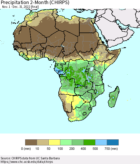 Africa Precipitation 2-Month (CHIRPS) Thematic Map For 11/1/2022 - 12/31/2022