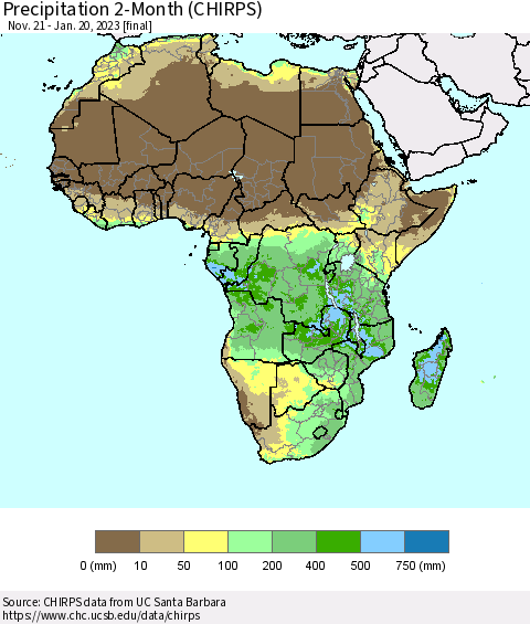 Africa Precipitation 2-Month (CHIRPS) Thematic Map For 11/21/2022 - 1/20/2023