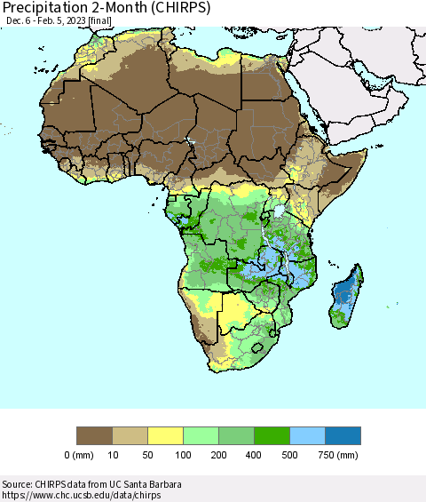 Africa Precipitation 2-Month (CHIRPS) Thematic Map For 12/6/2022 - 2/5/2023