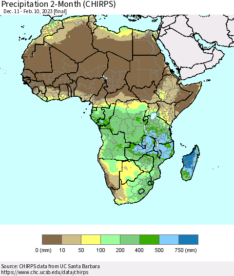 Africa Precipitation 2-Month (CHIRPS) Thematic Map For 12/11/2022 - 2/10/2023