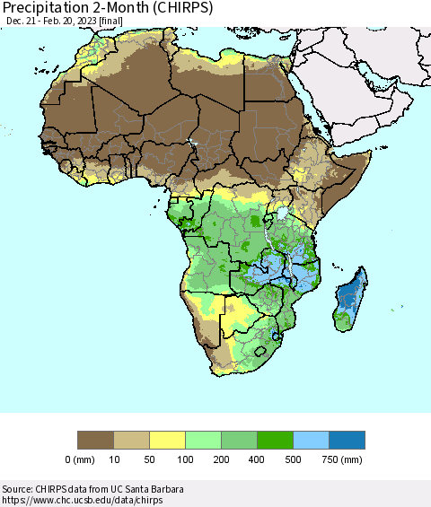 Africa Precipitation 2-Month (CHIRPS) Thematic Map For 12/21/2022 - 2/20/2023