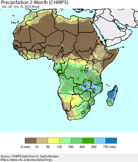Africa Precipitation 2-Month (CHIRPS) Thematic Map For 12/26/2022 - 2/25/2023