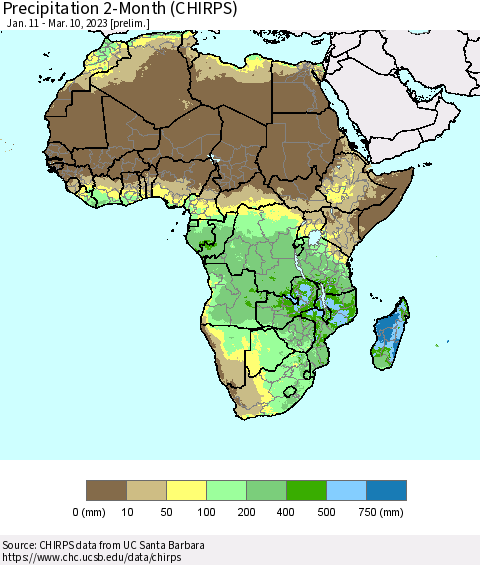 Africa Precipitation 2-Month (CHIRPS) Thematic Map For 1/11/2023 - 3/10/2023