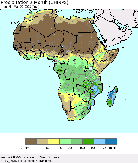 Africa Precipitation 2-Month (CHIRPS) Thematic Map For 1/21/2023 - 3/20/2023