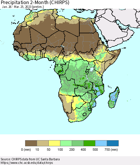 Africa Precipitation 2-Month (CHIRPS) Thematic Map For 1/26/2023 - 3/25/2023