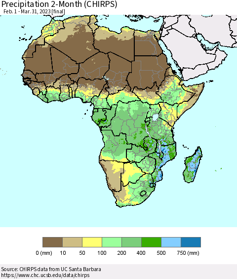 Africa Precipitation 2-Month (CHIRPS) Thematic Map For 2/1/2023 - 3/31/2023