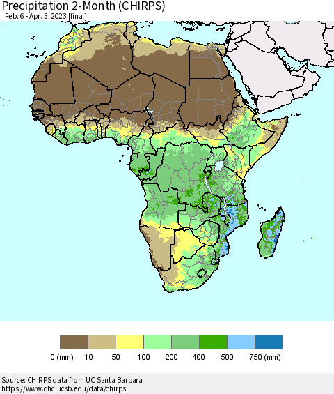 Africa Precipitation 2-Month (CHIRPS) Thematic Map For 2/6/2023 - 4/5/2023