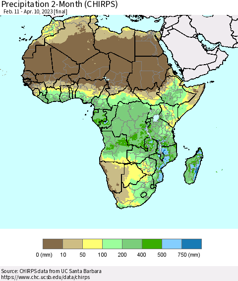 Africa Precipitation 2-Month (CHIRPS) Thematic Map For 2/11/2023 - 4/10/2023