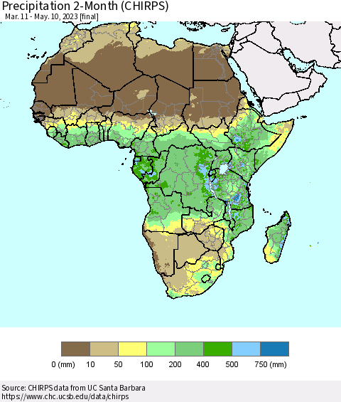 Africa Precipitation 2-Month (CHIRPS) Thematic Map For 3/11/2023 - 5/10/2023