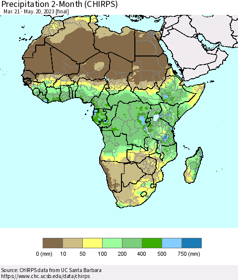 Africa Precipitation 2-Month (CHIRPS) Thematic Map For 3/21/2023 - 5/20/2023