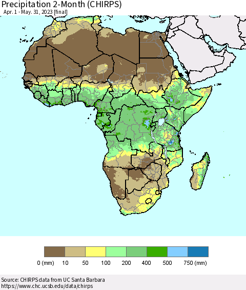 Africa Precipitation 2-Month (CHIRPS) Thematic Map For 4/1/2023 - 5/31/2023