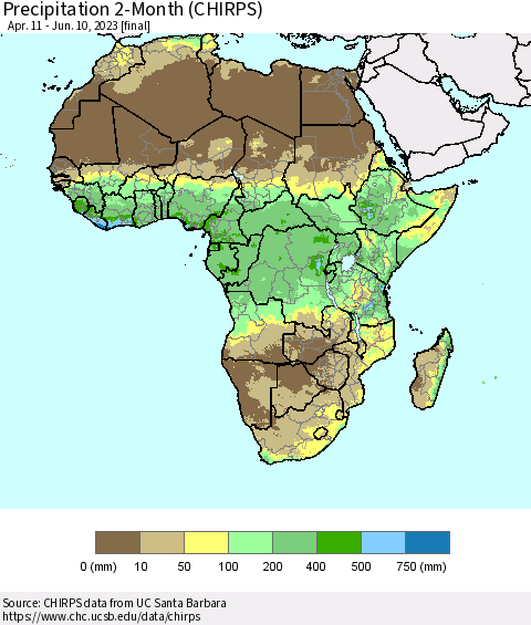 Africa Precipitation 2-Month (CHIRPS) Thematic Map For 4/11/2023 - 6/10/2023