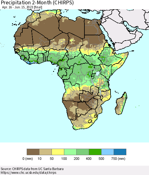 Africa Precipitation 2-Month (CHIRPS) Thematic Map For 4/16/2023 - 6/15/2023