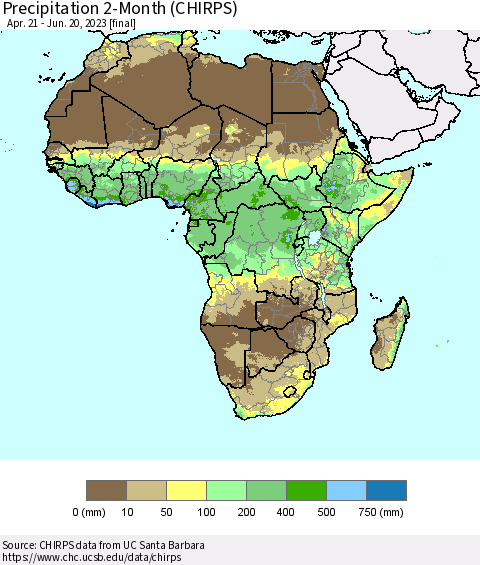 Africa Precipitation 2-Month (CHIRPS) Thematic Map For 4/21/2023 - 6/20/2023