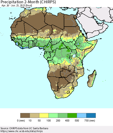 Africa Precipitation 2-Month (CHIRPS) Thematic Map For 4/26/2023 - 6/25/2023