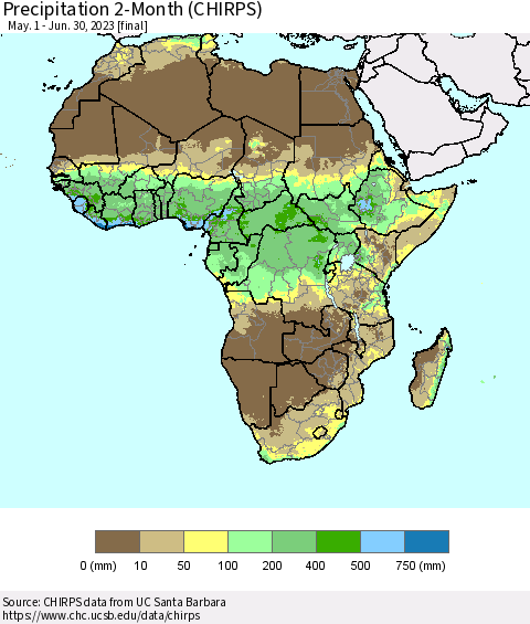 Africa Precipitation 2-Month (CHIRPS) Thematic Map For 5/1/2023 - 6/30/2023