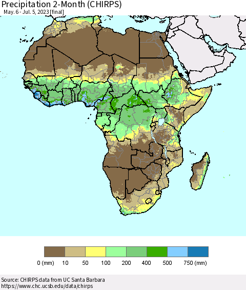 Africa Precipitation 2-Month (CHIRPS) Thematic Map For 5/6/2023 - 7/5/2023