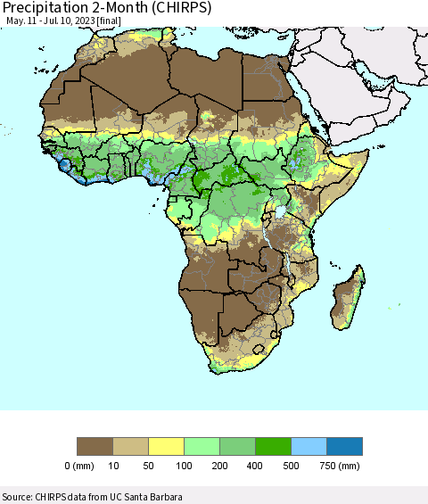 Africa Precipitation 2-Month (CHIRPS) Thematic Map For 5/11/2023 - 7/10/2023