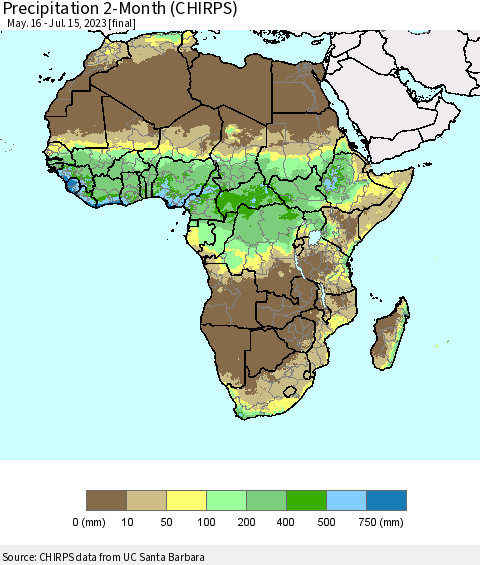 Africa Precipitation 2-Month (CHIRPS) Thematic Map For 5/16/2023 - 7/15/2023