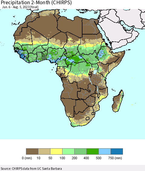 Africa Precipitation 2-Month (CHIRPS) Thematic Map For 6/6/2023 - 8/5/2023
